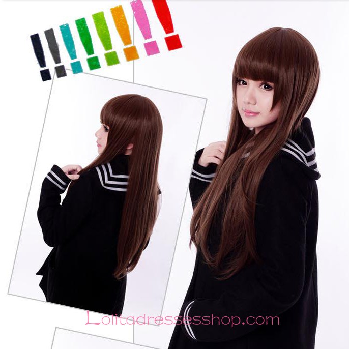 Lolita Neat Bang Long Straight Brown Maid Cute Cosplay Wig