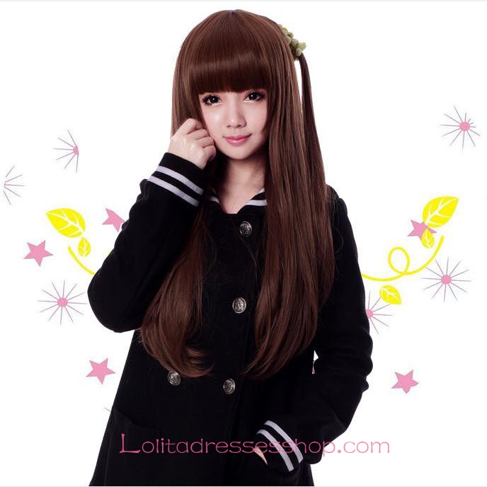 Lolita Neat Bang Long Straight Brown Maid Cute Cosplay Wig