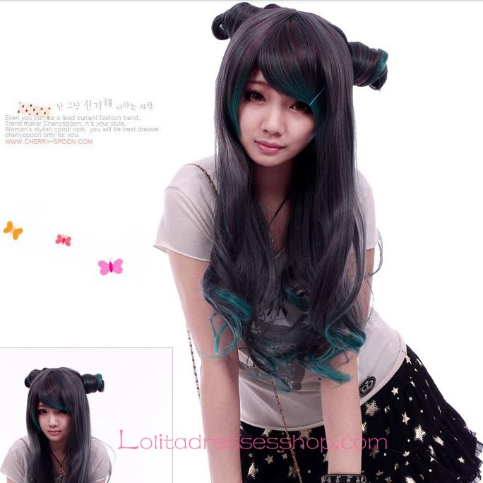 Lolita Green Black Mixed Curly Maid Cute Cosplay Wig