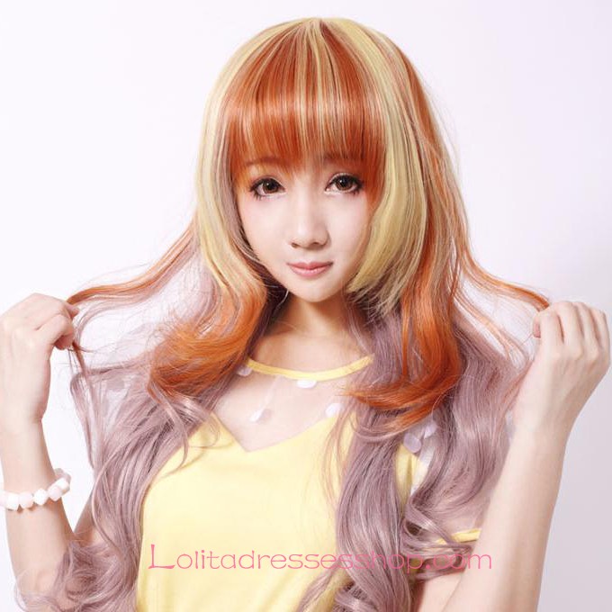 Lolita Long Curly Pink Gold Maid Cute Cosplay Wig