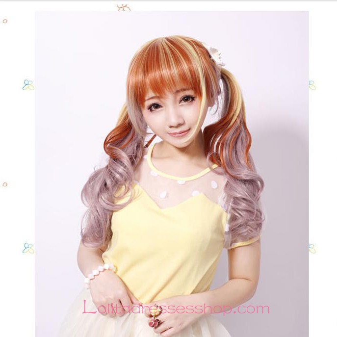 Lolita Long Curly Pink Gold Maid Cute Cosplay Wig