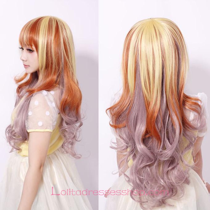 Lolita Long Curly Pink Gold Maid Cute Cosplay Wig