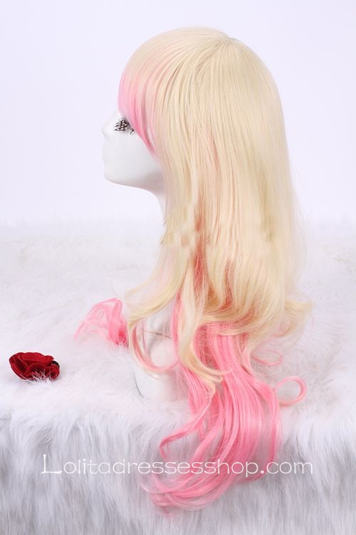 Queen Pink Long Curly Yellow Gradient Lolita Cute Cosplay Wig