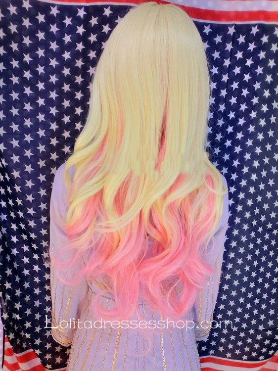 Queen Pink Long Curly Yellow Gradient Lolita Cute Cosplay Wig