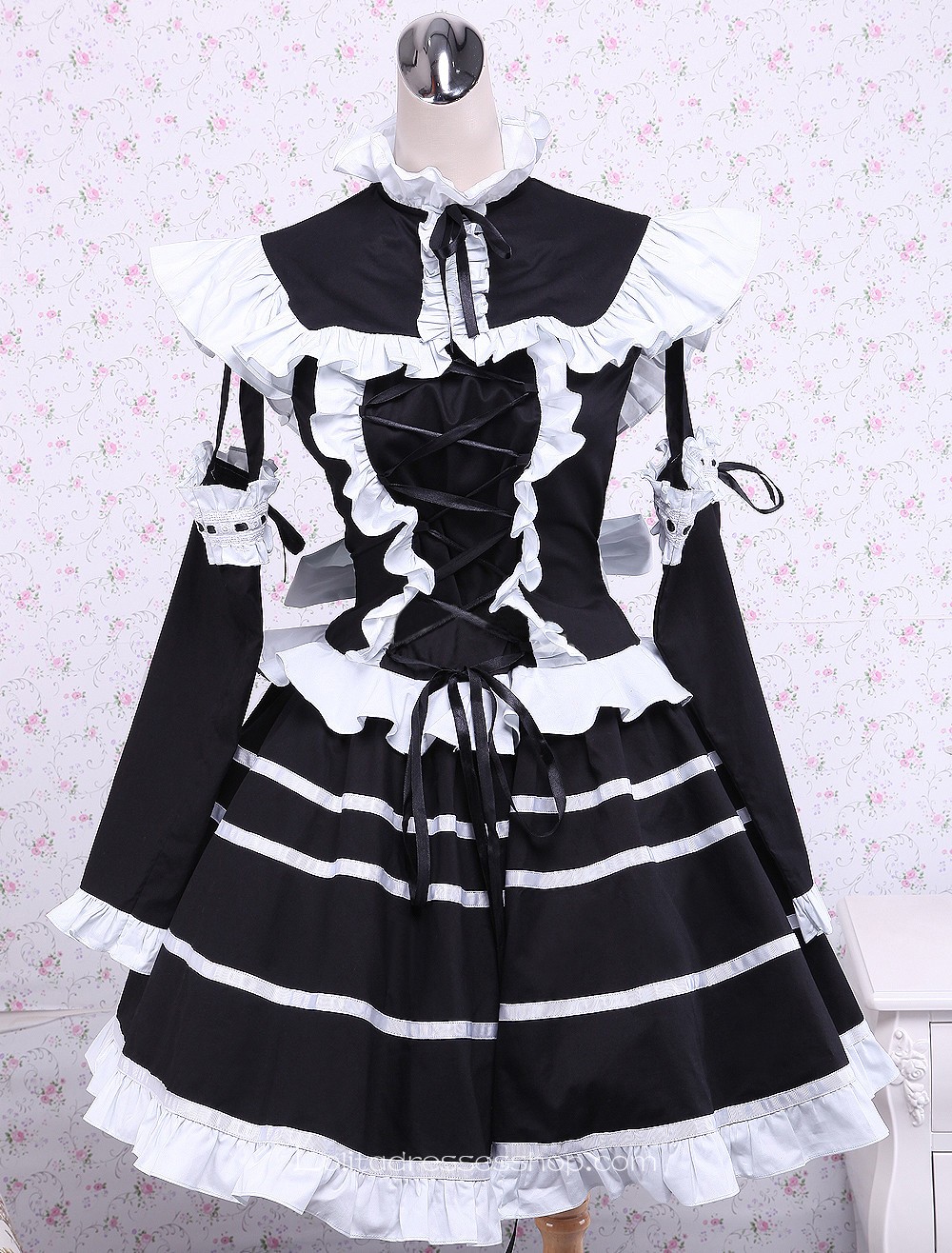 Black Cotton Stand Collar Long Sleeves Ruffles Bow Gothic Lolita Dress