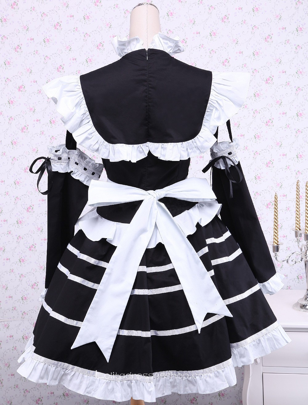 Black Cotton Stand Collar Long Sleeves Ruffles Bow Gothic Lolita Dress