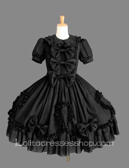 Black Cotton Doll Collar Short Sleeves Ruffles Bow Fashion Gothic Lolita Dress