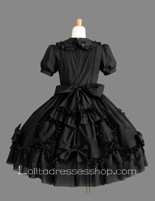 Black Cotton Doll Collar Short Sleeves Ruffles Bow Fashion Gothic Lolita Dress