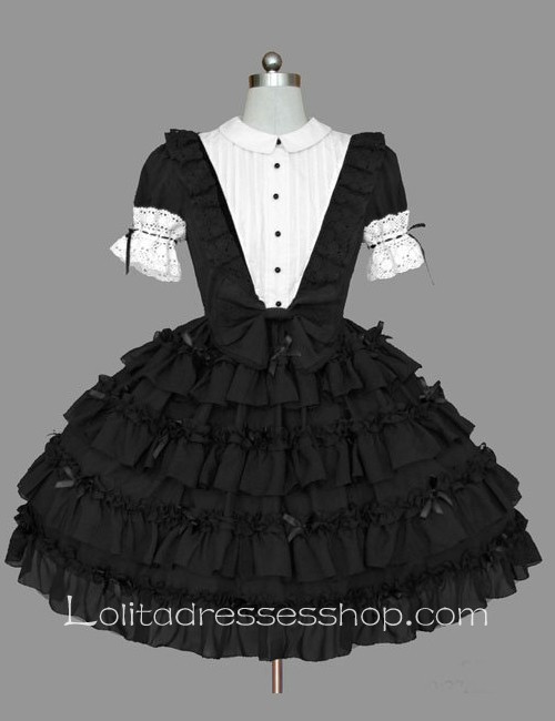 Multilayer Black and White Lapel Elbow Sleeve Bow Lace Trim Gothic Lolita Dress