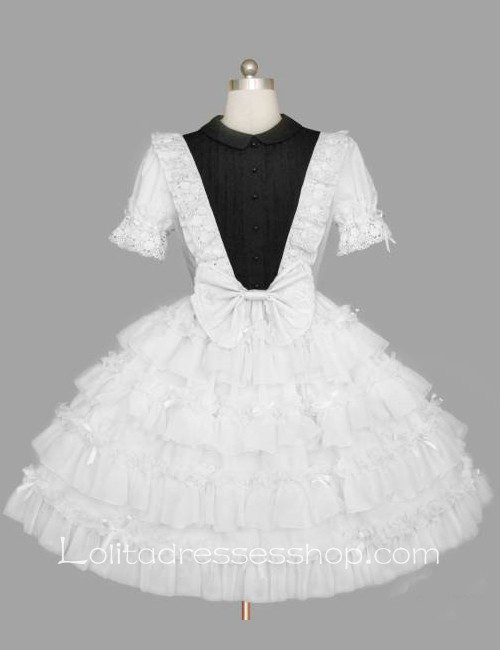 Multilayer Plain White Lapel Elbow Sleeve Bow Lace Trim Gothic Lolita Dress
