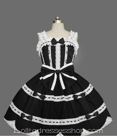 Noble Black and White Square Neck Sleeveless Lace Trim Gothic Lolita Dress