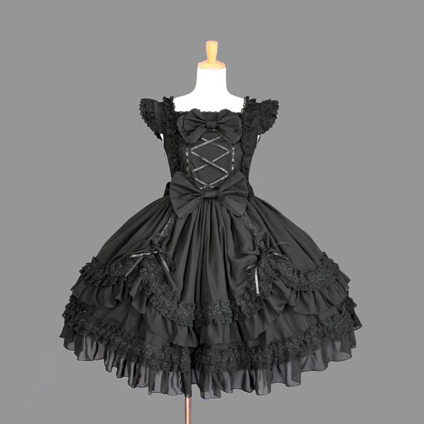 Palace Black Cotton Square Neck Feifei Sleeves Lace Trim Gothic Lolita Dress