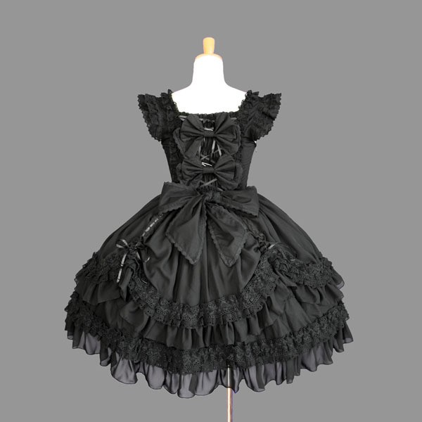 Palace Black Cotton Square Neck Feifei Sleeves Lace Trim Gothic Lolita Dress