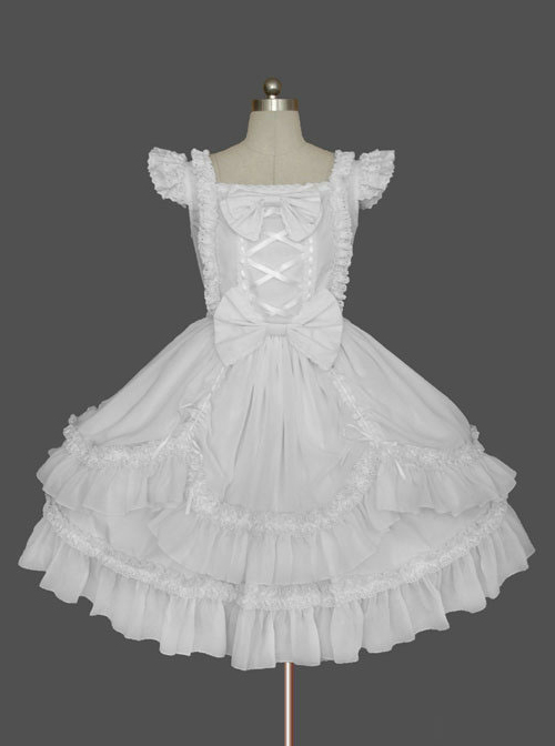Palace White Cotton Square Neck Feifei Sleeves Lace Trim Gothic Lolita Dress
