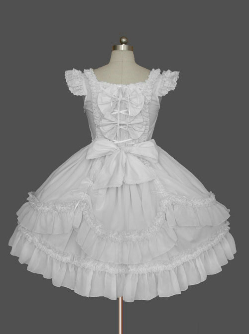 Palace White Cotton Square Neck Feifei Sleeves Lace Trim Gothic Lolita Dress