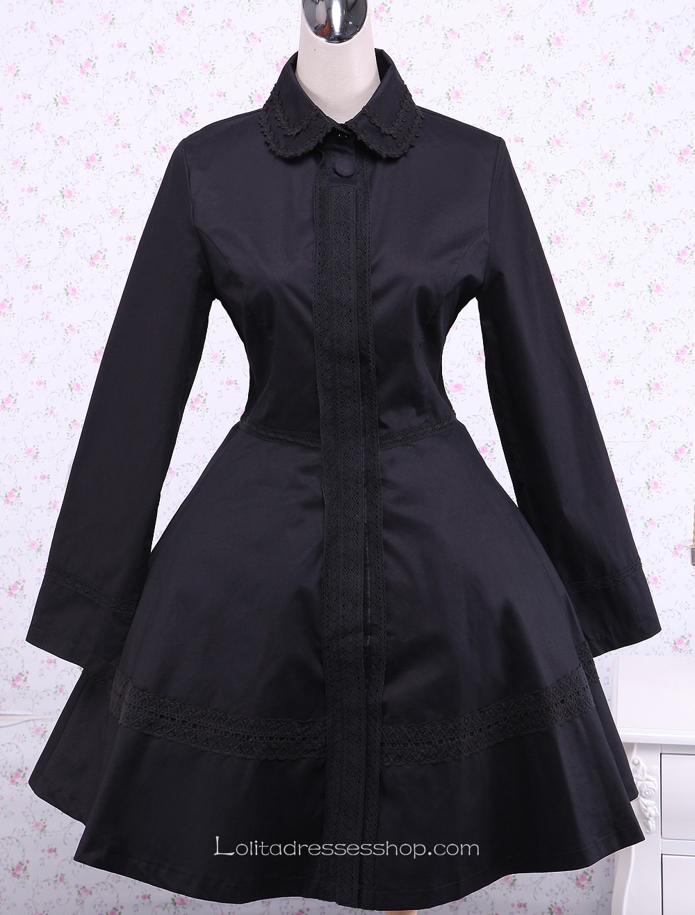 Traditional Black Cotton Long Sleeves Gothic Lolita Dress