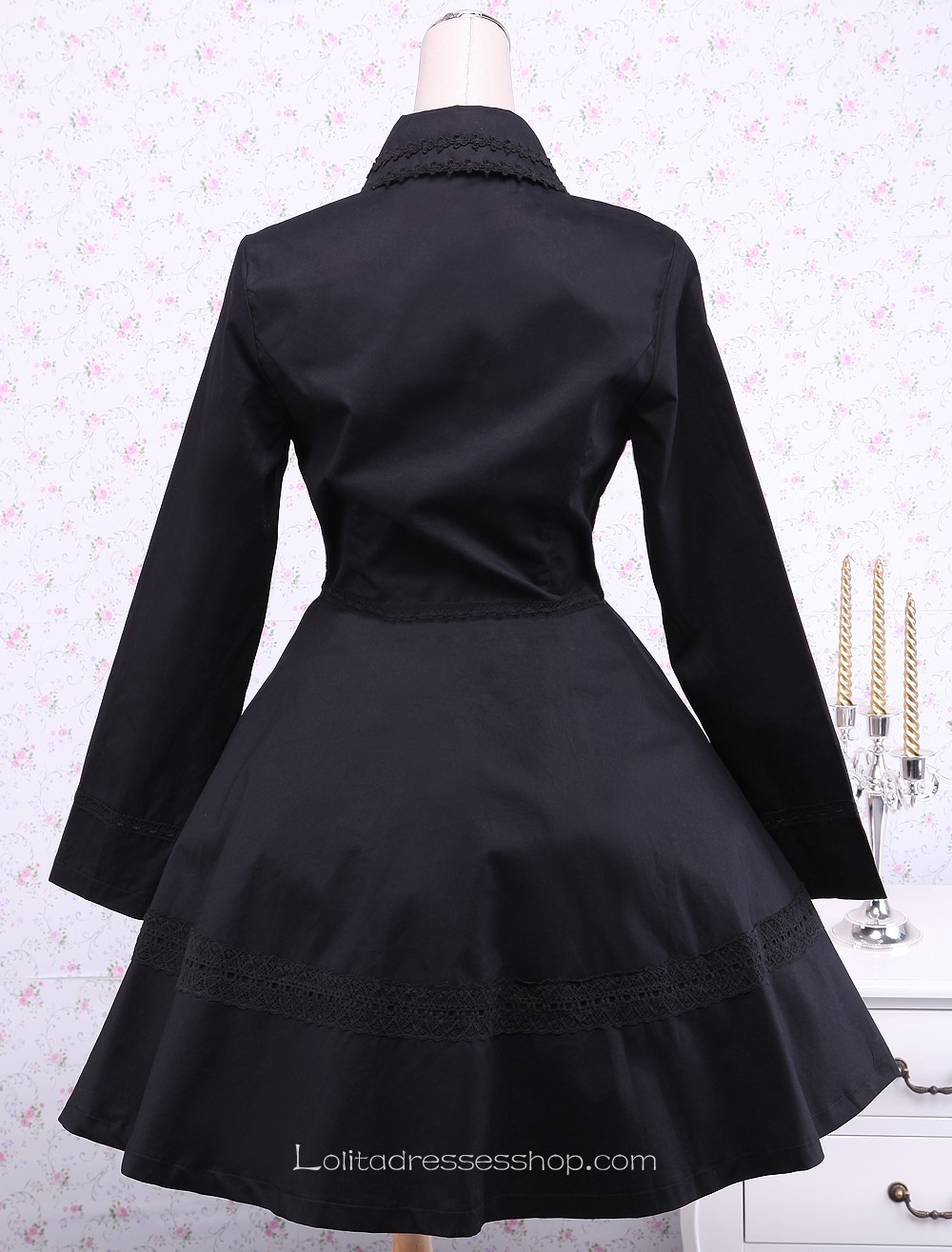 Traditional Black Cotton Long Sleeves Gothic Lolita Dress
