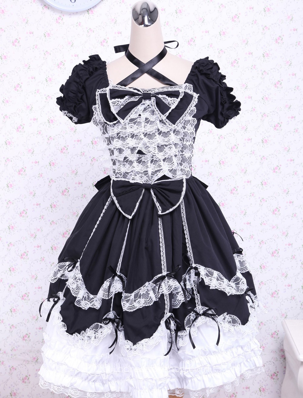 Cheap Black And White Cotton Square Neck Gothic Lace Trim Lolita Dress