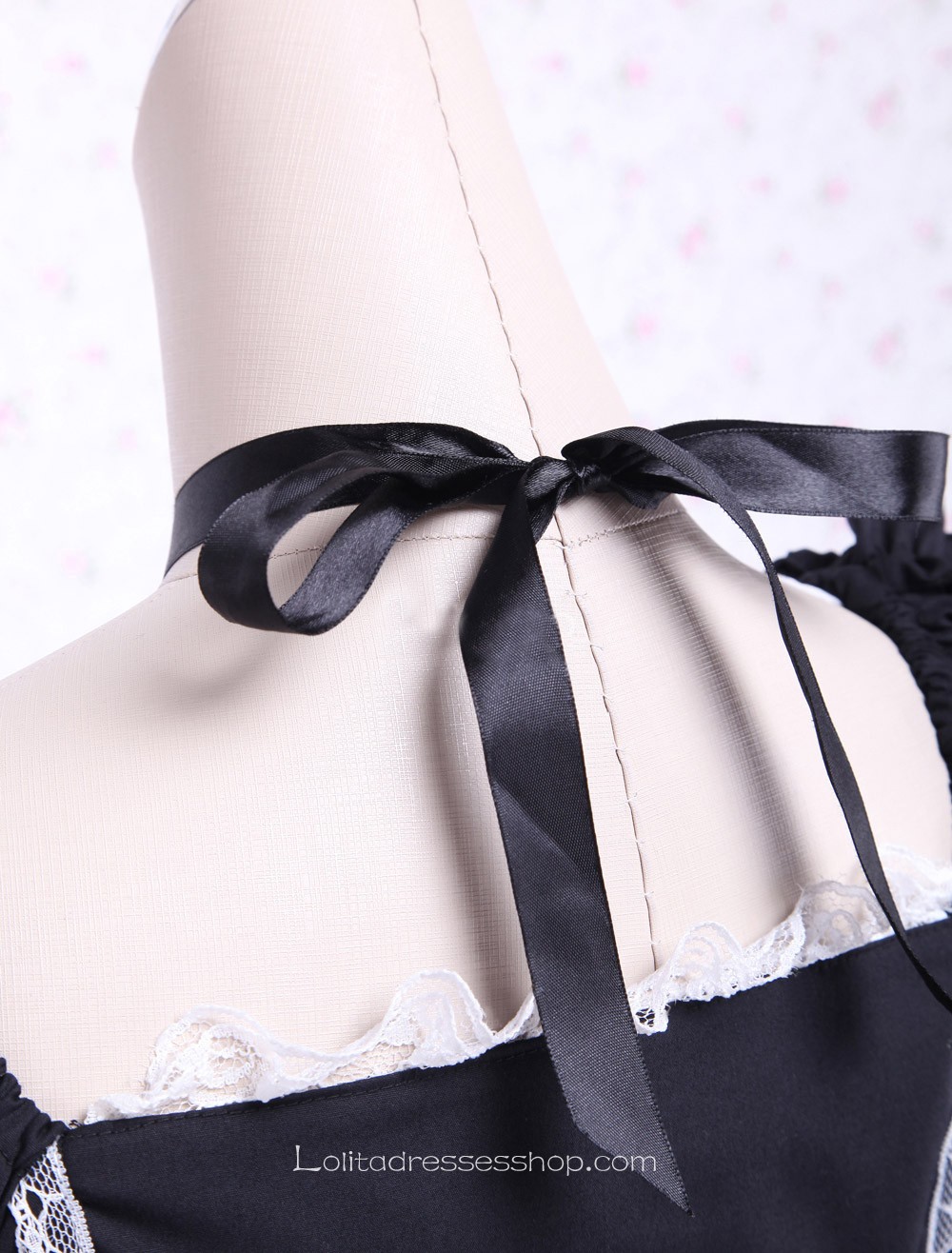 Black and White Cotton Square Neck Gothic Lace Trim Lolita Dress