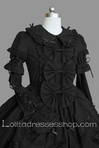 Lace Trim Black Doll Collar Long Sleeves Bow Gothic Lolita Dress