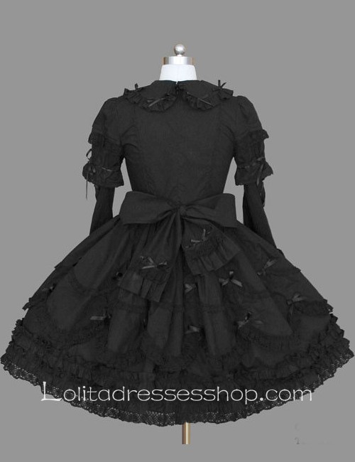 Lace Trim Black Doll Collar Long Sleeves Bow Gothic Lolita Dress