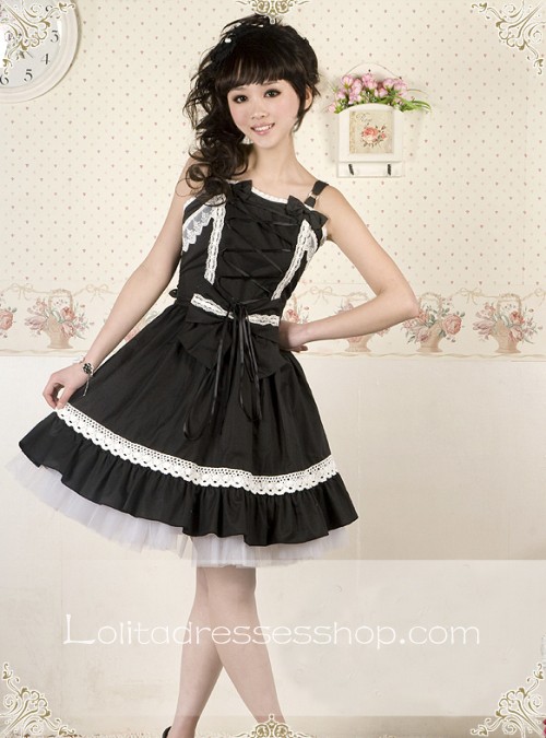 Black Cotton Straps Lace Trim Bow Gothic Lolita Dress