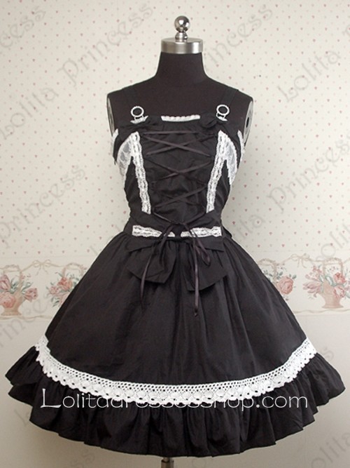 Black Cotton Straps Lace Trim Bow Gothic Lolita Dress