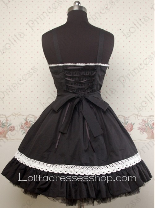 Black Cotton Straps Lace Trim Bow Gothic Lolita Dress