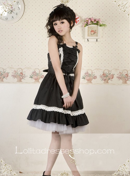 Black Cotton Straps Lace Trim Bow Gothic Lolita Dress