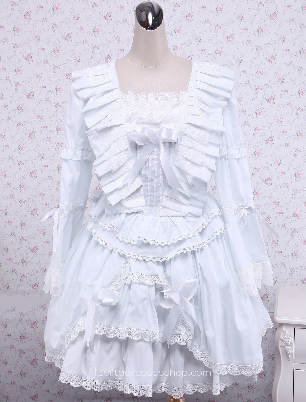 White Cotton Ruffles Bow Square Neck Gothic Lolita Dress