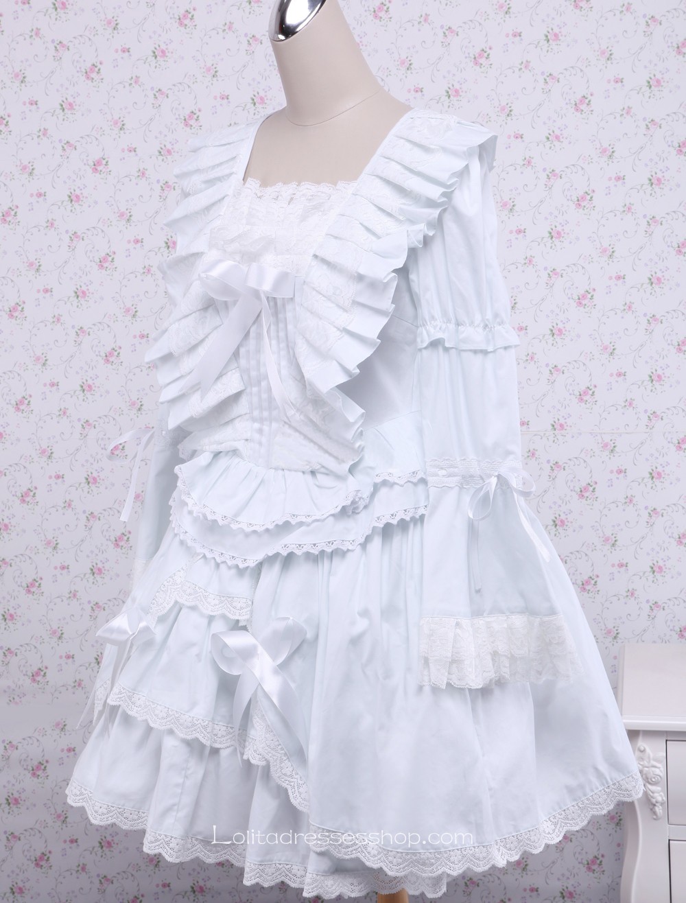 White Cotton Ruffles Bow Square Neck Gothic Lolita Dress