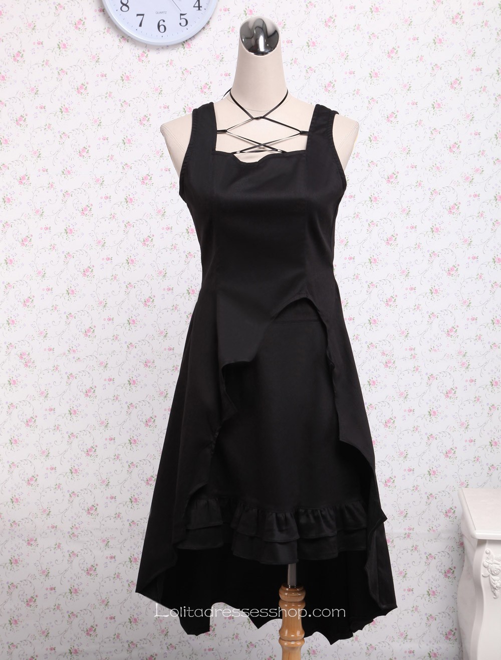 Black Cotton Square Neck Ruffled Gothic Lolita Dress