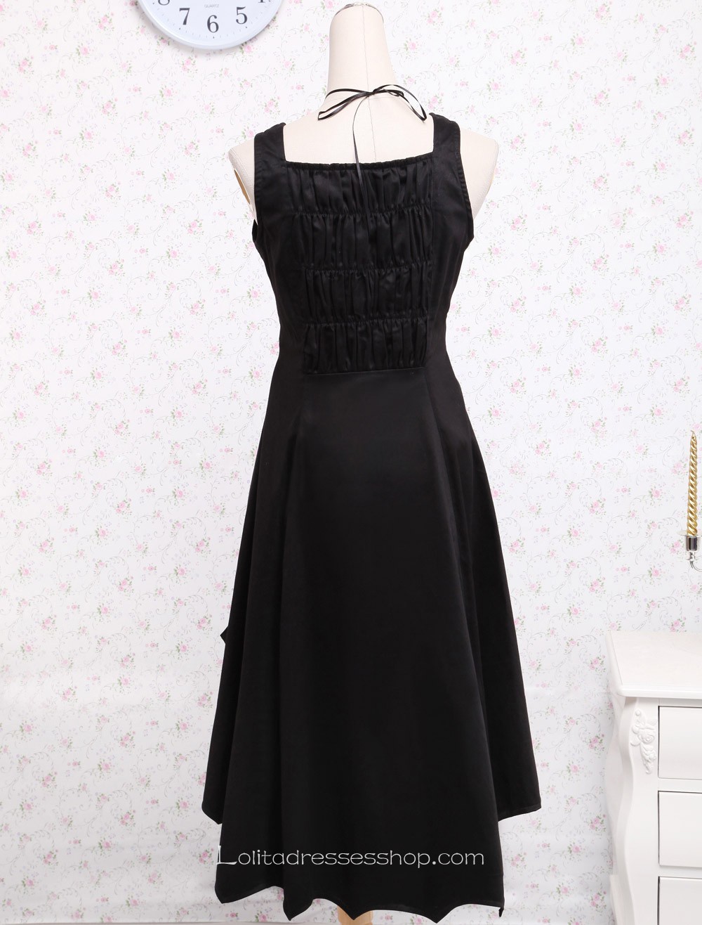 Black Cotton Square Neck Ruffled Gothic Lolita Dress