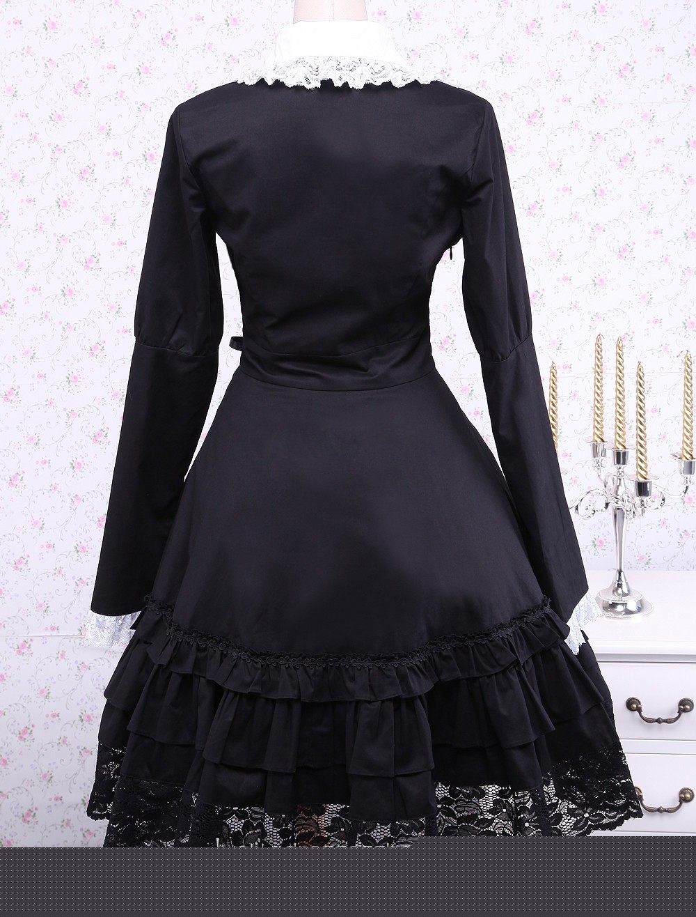 Black Cotton Lace Trim Long Sleeves Bow Gothic Lolita Dress