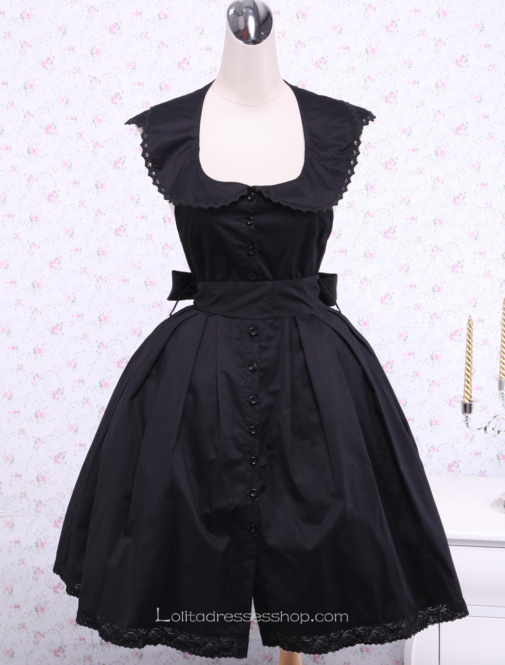 Black Cotton Round Neck Sleeveless Gothic Lolita Dress