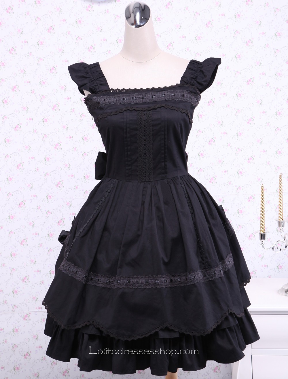 Ruffles Black Cotton Square Neck Gothic Lolita Dress