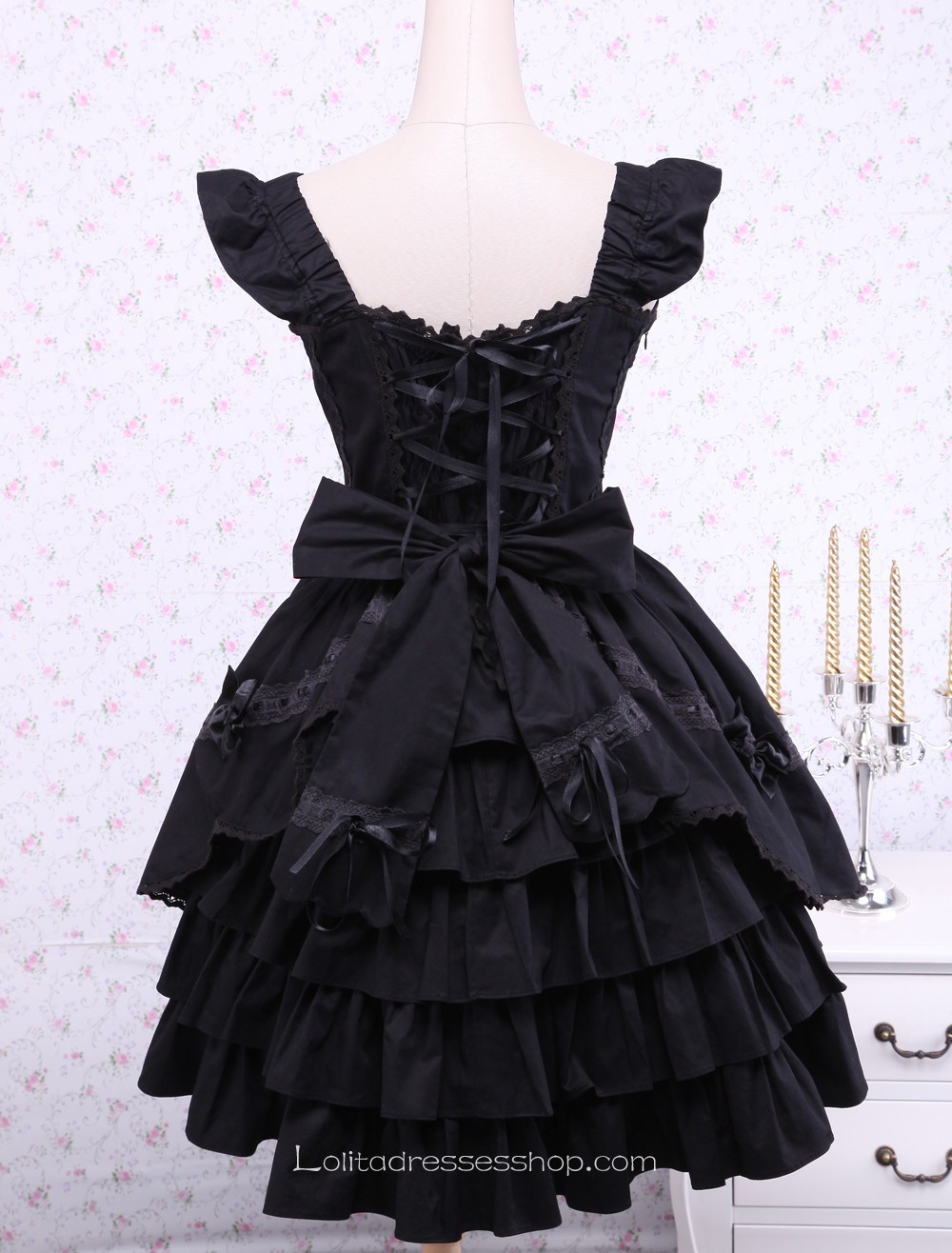 Ruffles Black Cotton Square Neck Gothic Lolita Dress