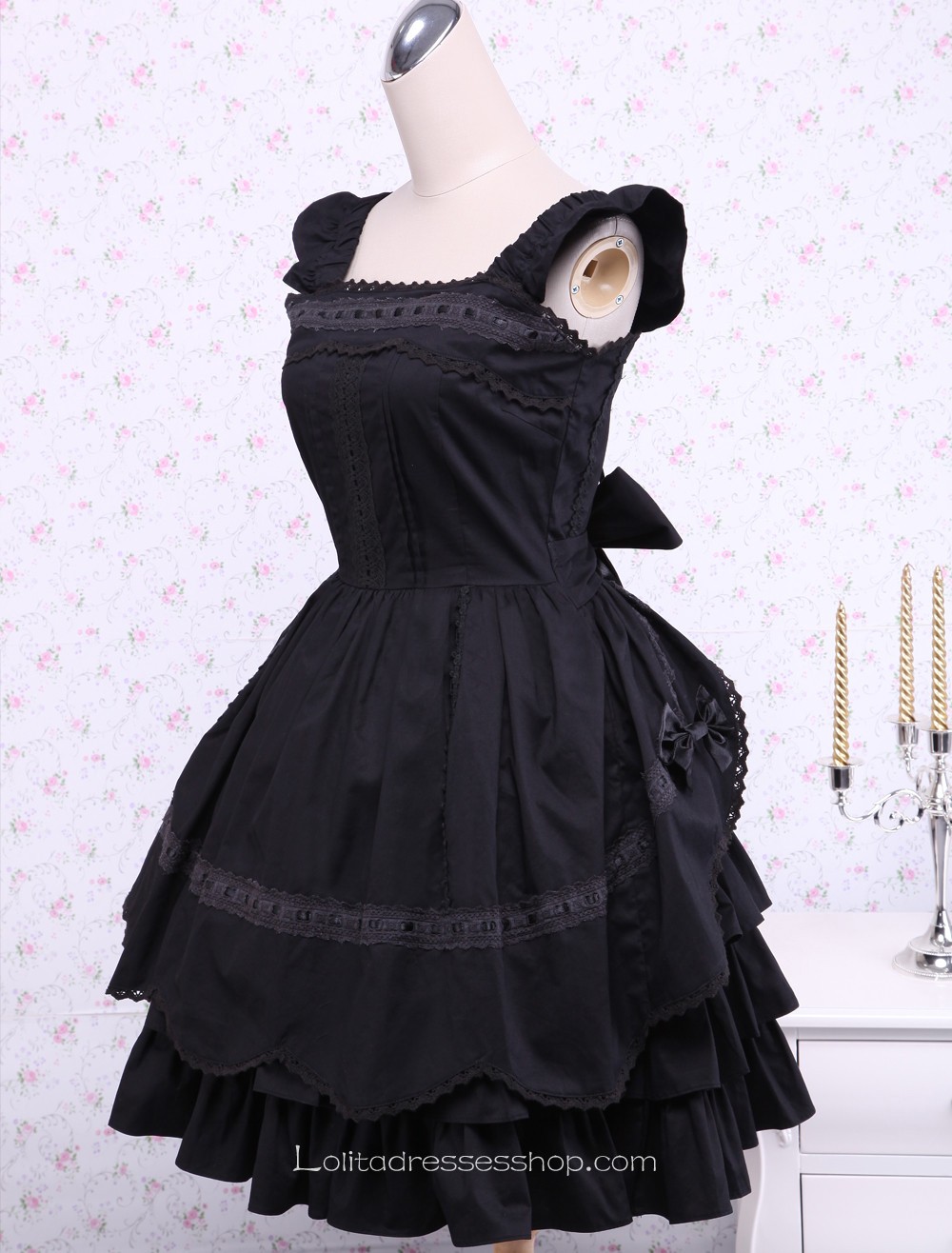 Ruffles Black Cotton Square Neck Gothic Lolita Dress