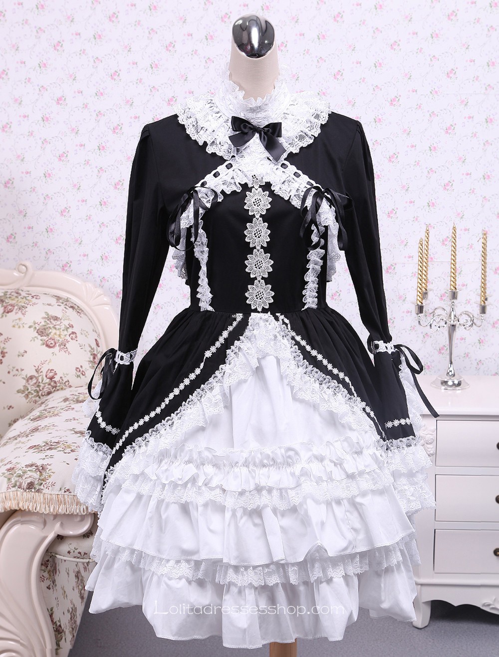 Black Cotton White Doll Collar Splicing Gothic Lolita Dress