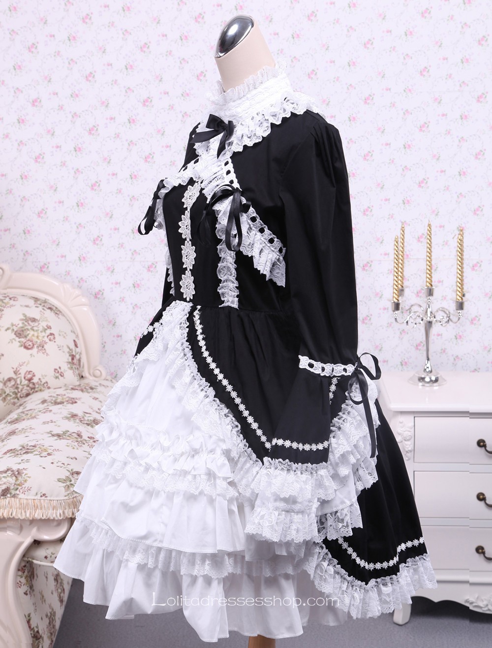 Black Cotton White Doll Collar Splicing Gothic Lolita Dress