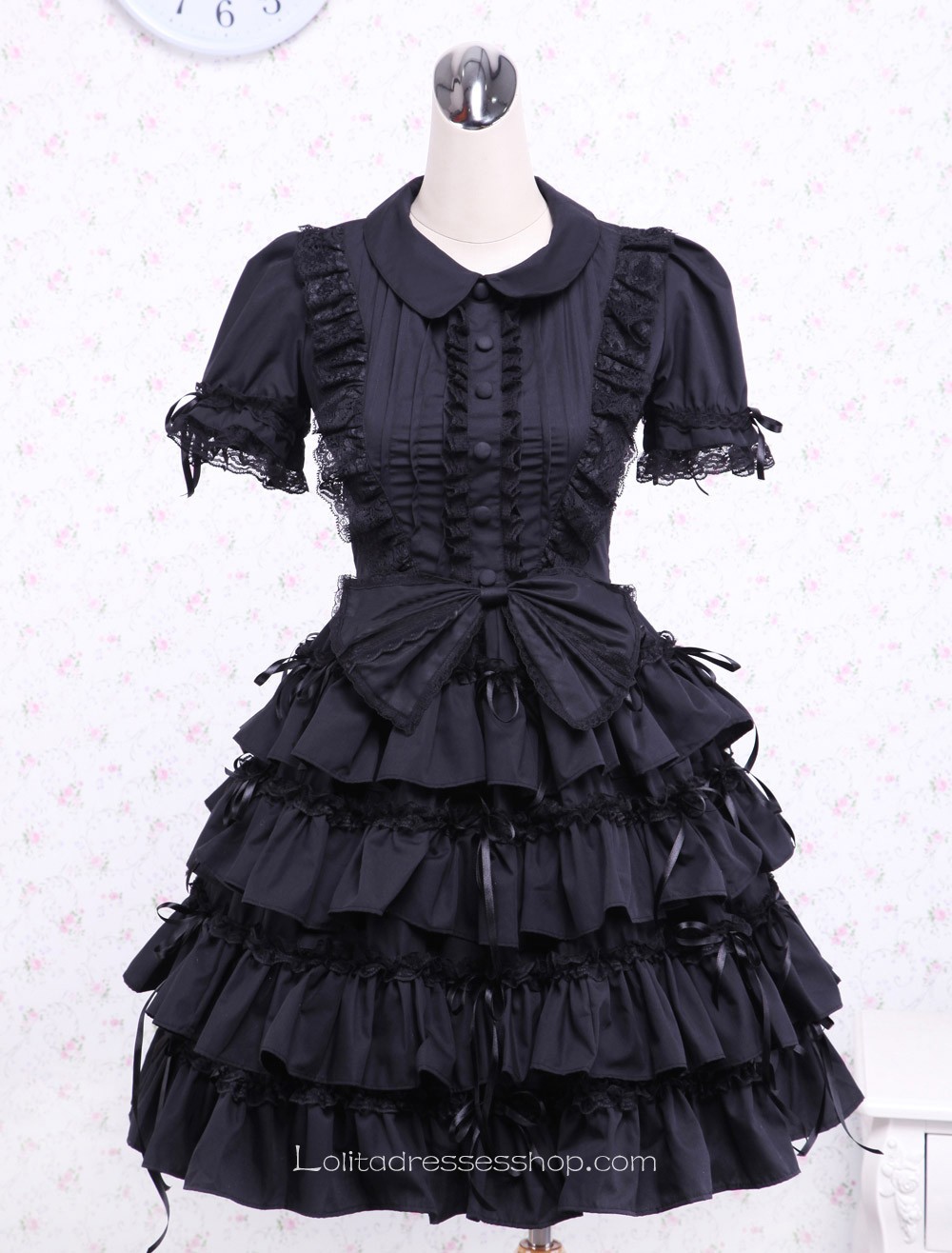 Black Bow Multi-layer Cotton Turndown Collar Gothic Lolita Dress