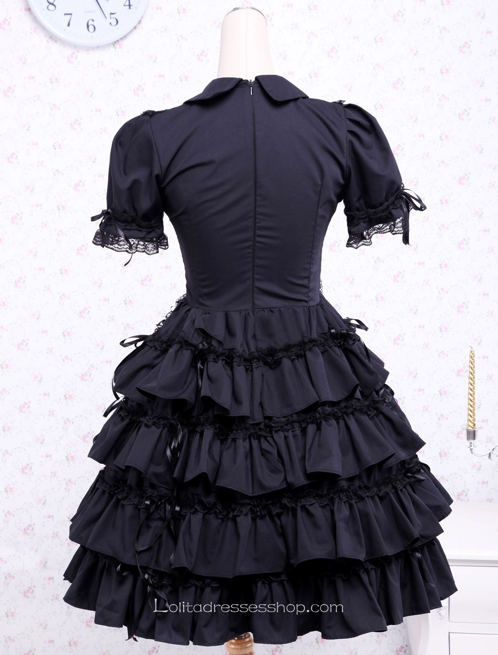 Black Bow Multi-layer Cotton Turndown Collar Gothic Lolita Dress