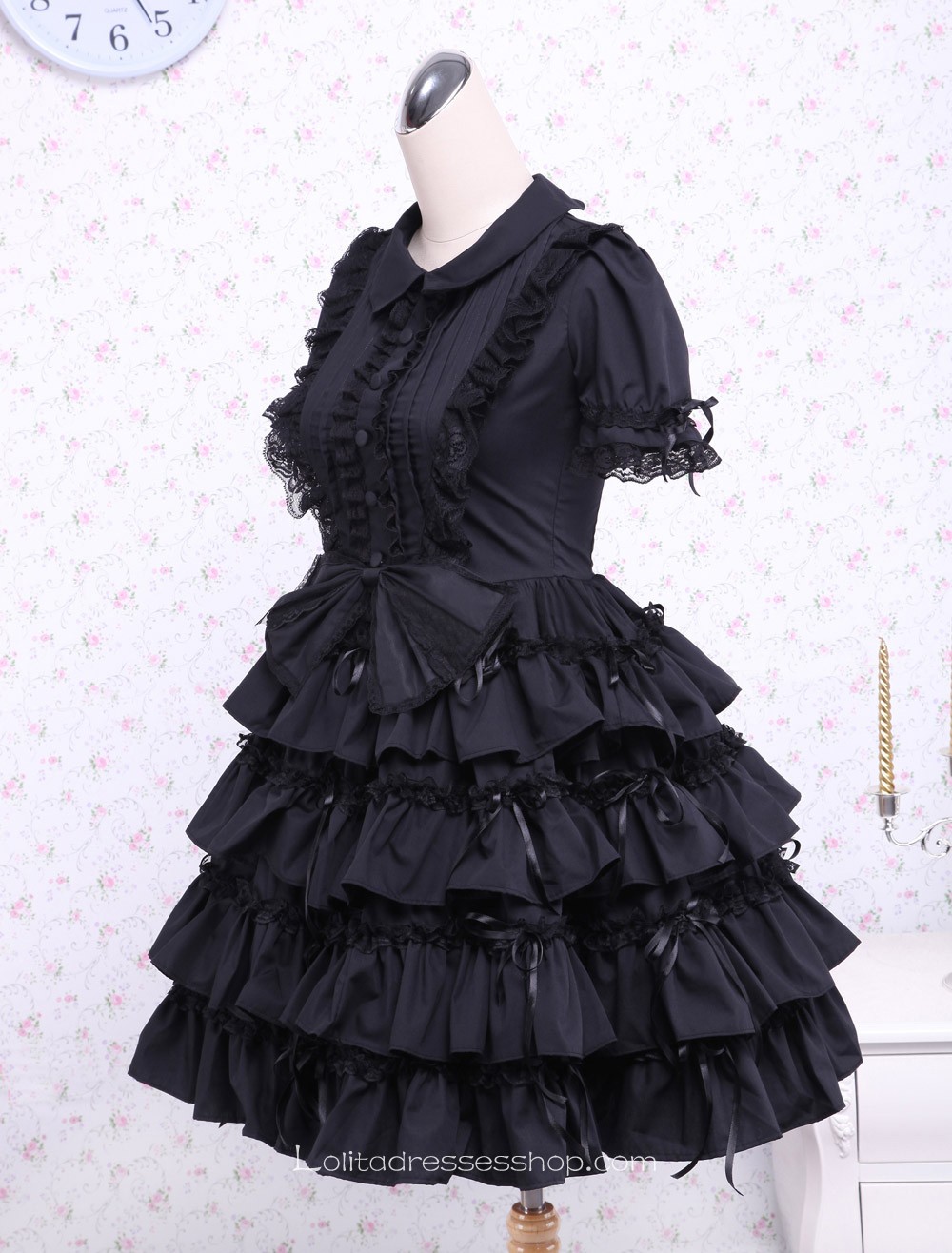 Black Bow Multi-layer Cotton Turndown Collar Gothic Lolita Dress