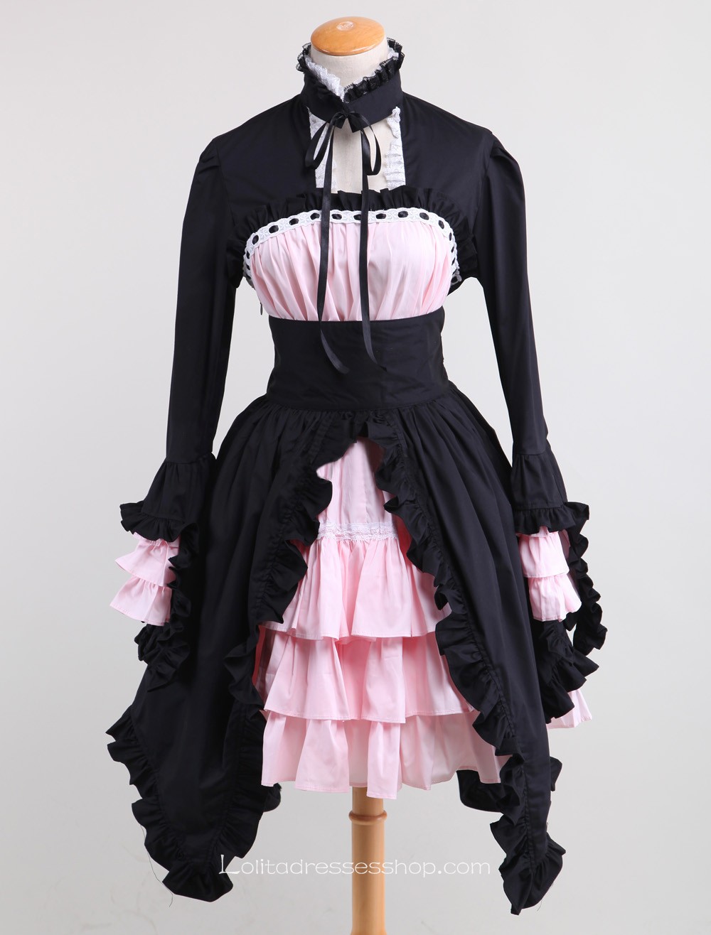Black and Pink Splicing Bow Stand Collar Gothic Lolita Dress