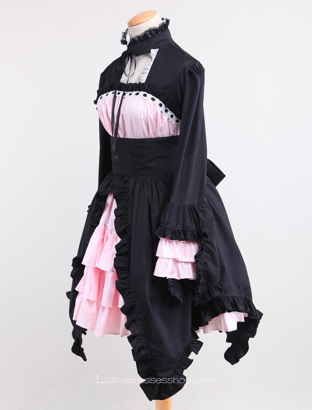 Black and Pink Splicing Bow Stand Collar Gothic Lolita Dress