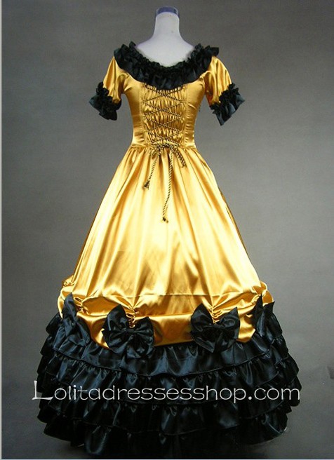 Gorgeous Black-Bows Ruffle Golden Gothic Victorian Lolita Dress