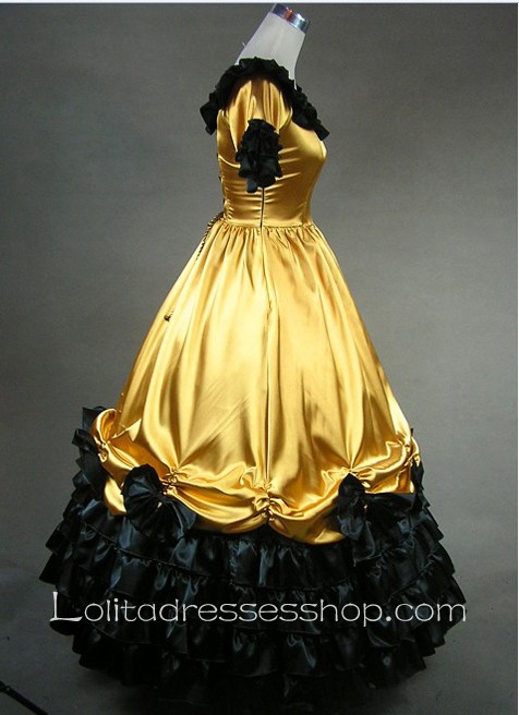 Gorgeous Black-Bows Ruffle Golden Gothic Victorian Lolita Dress