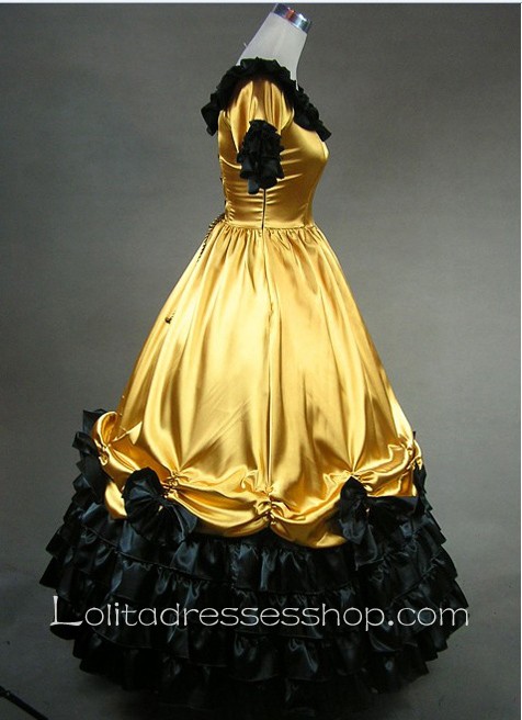 Gorgeous Black-Bows Ruffle Golden Gothic Victorian Lolita Dress