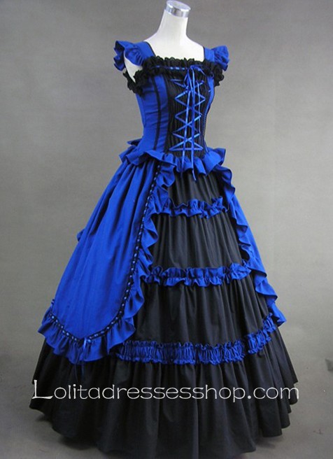 Luxuriant Elegant Royal Blue and Black Gothic Victorian Lolita Dress