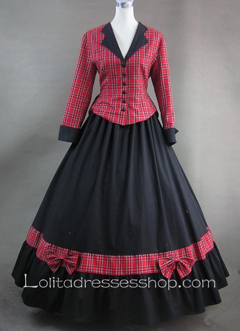 Red Plaid and Bows Black Long Skirt Gothic Victorian Lolita Dress